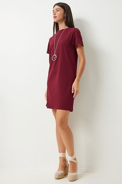 Happiness İstanbul Burgunderrotes Crêpe-Kleid – Rundhalsausschnitt, TO00136
