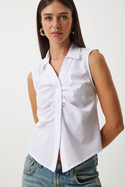 Happiness İstanbul Weißes ärmelloses Damenhemd mit Raffung UL00030