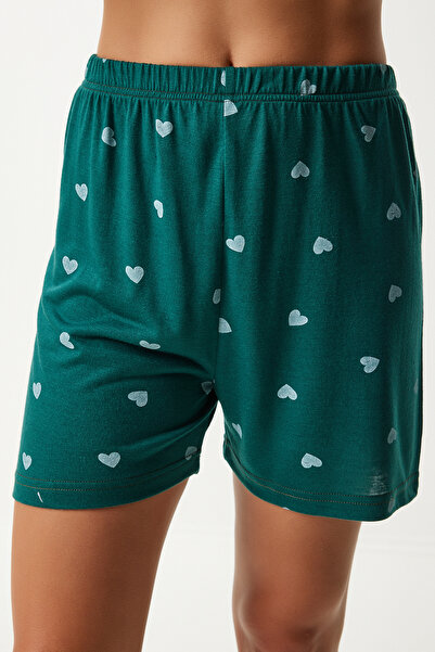 Happiness İstanbul Dark Green Viscose Women's Pajamas Set - Heart Shorts and Shirt EC00035