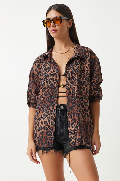 Happiness İstanbul Černá béžová dámská košile oversize s leopardím vzorem - KT00010