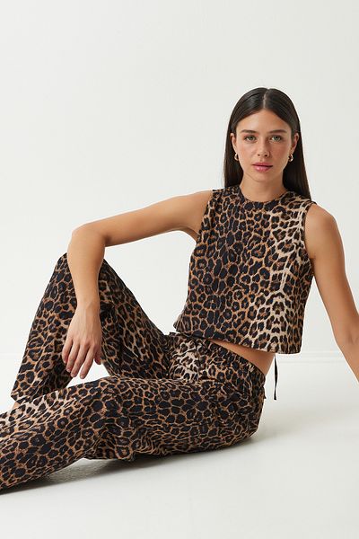 Happiness İstanbul Black Beige Leopard Print Women's Blouse and Trousers Set - UL00032