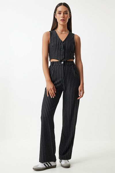 Happiness İstanbul Fekete Pinstripe női kötött mellény és nadrág szett - MC00287
