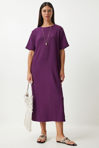Happiness İstanbul Plum Colored Loose Cut Long Women's Knitted Dress - Dz00076