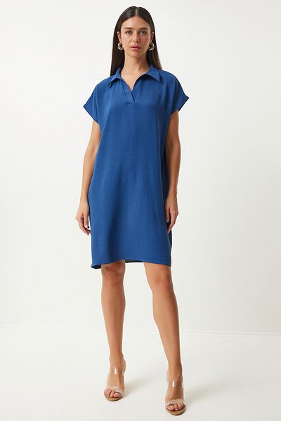 Happiness İstanbul Navy Blue Linen Polo Collar Summer Dress - TO00138