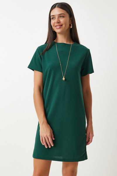 Happiness İstanbul Γυναικείο κρεπ φόρεμα Emerald Green Crew Neck - TO00136