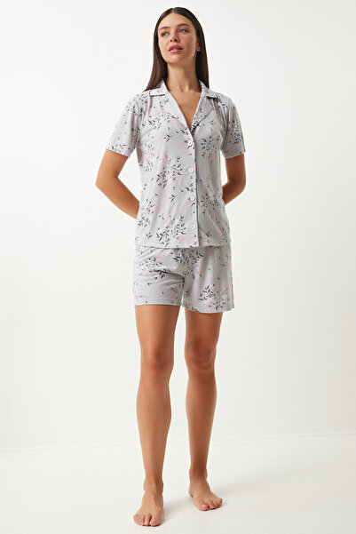 Happiness İstanbul Sada šedých šortek a košile s viskózovým vzorem - EC00044