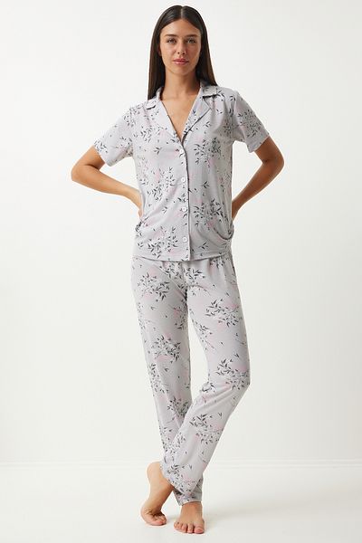Happiness İstanbul Gray Patterned Women's Shirt and Trousers Pajamas Set - EC00043