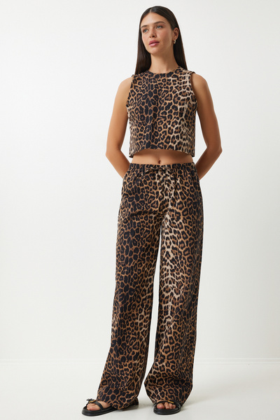 Happiness İstanbul Black Beige Leopard Print Women's Blouse and Trousers Set - UL00032