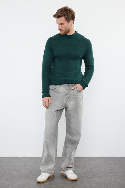 Trendyol Collection Smaragdgrüner Slim-Fit-Slim-Fit-Pullover mit halbem Rollkragen und Raglanärmeln, einfarbig, Basic-Strickpullover TMNAW25KZ00002