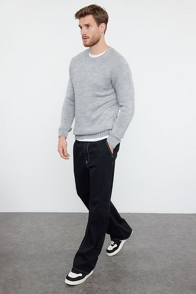 Trendyol Collection Grauer Slim-Fit-Strickpullover mit Rundhalsausschnitt – Raglanärmel TMNAW25KZ00000