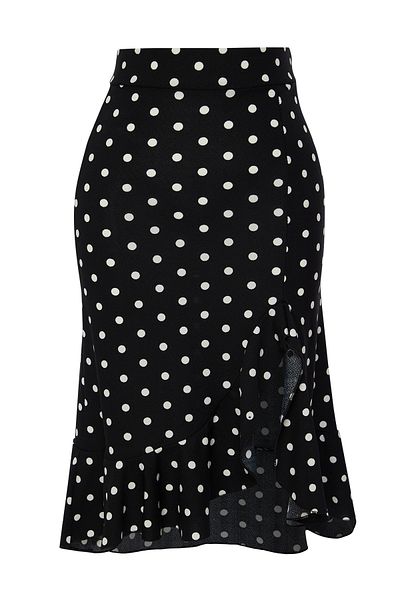 Trendyol Collection Pružná černá midi pletená sukně – puntíky a volán, rozpark TWOSS24ET00261