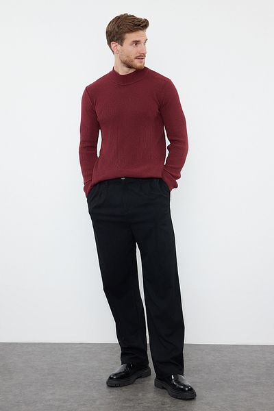Trendyol Collection Unisex-Pullover aus geripptem Strick in Burgunderrot – schmale Passform, Baumwolle, halber Rollkragenpullover TMNAW21KZ0553