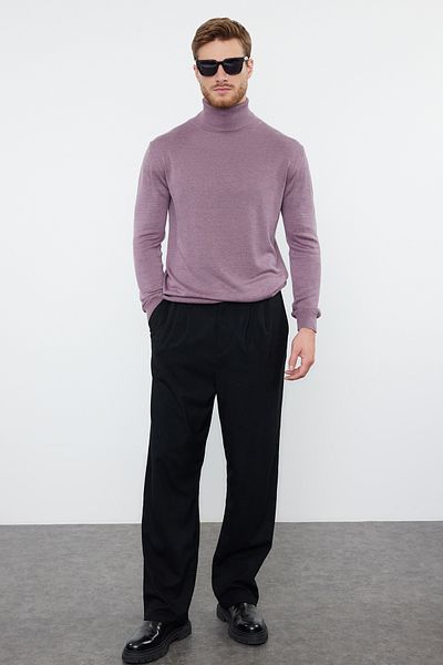 Trendyol Collection Πουλόβερ με μονόχρωμο βαμβακερό λαιμόκοψη Plum Slim TMNAW25KZ00003