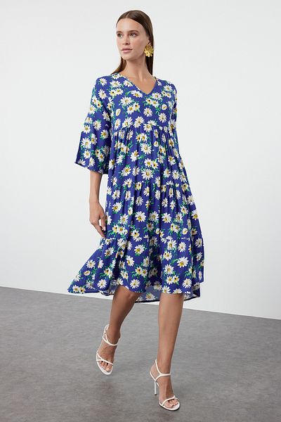 Trendyol Collection V-Neck Blue Floral Patterned Wide Dress - TWOSS24EL01029