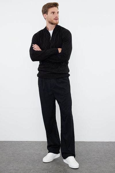 Trendyol Collection Schwarzer Slim-Fit-Pullover aus Baumwolle mit halbem Rollkragen und Reißverschluss, Smart-Strickpullover TMNAW23KZ00215
