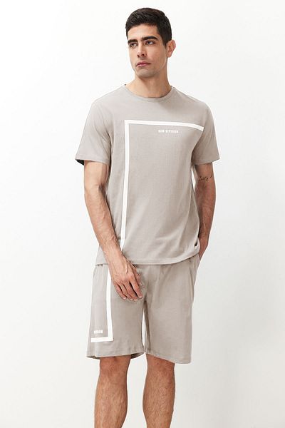 Trendyol Collection Crew Neck Printed Knitted Shorts Pajamas Set - Stone Regular Fit TMNSS23PT00017