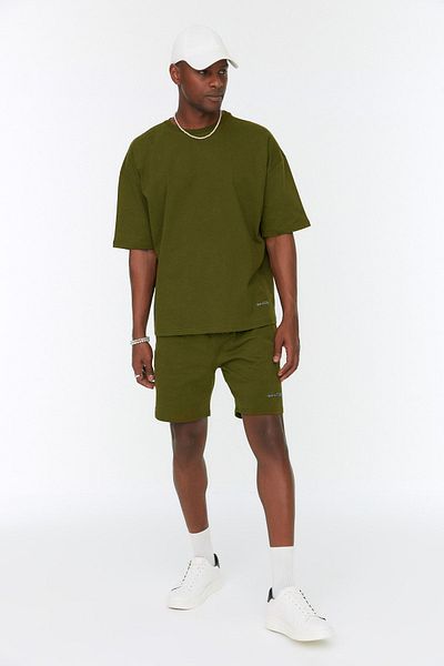 Trendyol Collection Σετ φόρμας Dark Khaki Oversize Text Κεντημένο 100% Βαμβάκι TMNSS22EM00012