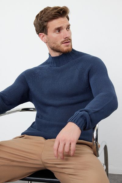 Trendyol Collection Pulover de bază Indigo Slim Fit - Jumătate de gât țesut, mânecă raglan TMNAW25KZ00002
