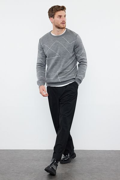 Trendyol Collection Γκρι Slim Fit Crew λαιμόκοψη γεωμετρικό πλεκτό πουλόβερ TMNAW22KZ0662