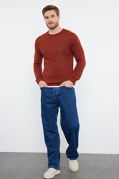 Trendyol Collection Ziegelfarbener Slim-Fit-Strickpullover mit Rundhalsausschnitt – Raglanärmel TMNAW25KZ00000