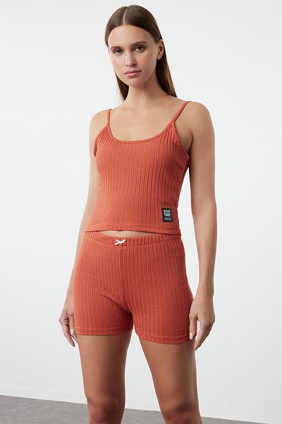 Trendyol Collection Kostkované šortky Pyžamo ve skořicové barvě - THMSS24PT00393