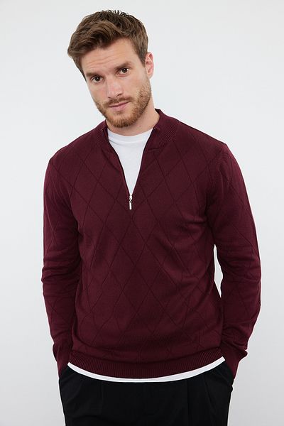 Trendyol Collection Claret Red Slim Fit Bavlna Poloviční rolák se zipem Chytrý pletený svetr Tmnaw23Kz00215