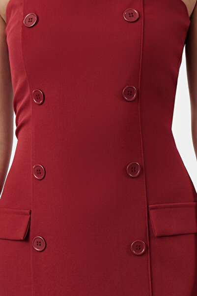 Trendyol Collection Piros, egyenes vágású gombrészlet, pánt nélküli Midi szőtt ruha TWOAW24EL00418