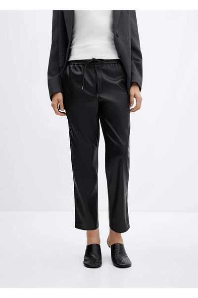 MANGO Woman Leather Look Elastic Waist Trousers