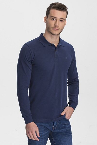 hateko Men's Indigo Cotton Long Sleeve Polo Neck T-Shirt