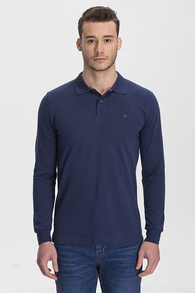hateko Men's Indigo Cotton Long Sleeve Polo Neck T-Shirt