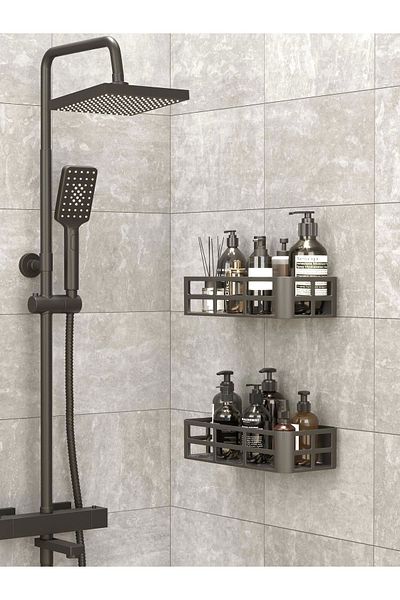 Ecolux 2 Pieces Bathroom Organizer - Adhesiveness, Shampoo Holder, Soap Dish Mat, Black Shower Hanger Rack