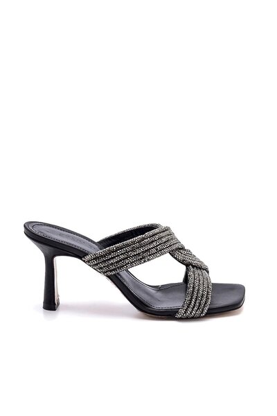 Sofia Baldi Torstein Siyah Deri Taşlı Kadın Topuklu Terlik