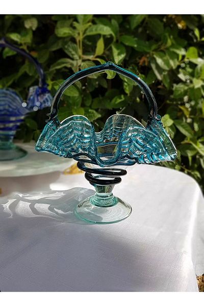 PAPATYAMDEKOR ZÜCCACİYE Blown Glass Basket Sugar Bowl Presentation Turkish Delight Bowl Colorful 1 Piece
