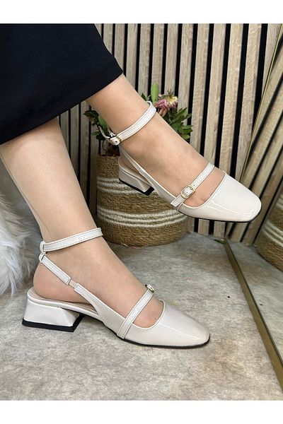İmerShoes Καθημερινά γυναικεία κρεμ τετράγωνα δάχτυλα με ρυθμιζόμενη πόρπη με ανοιχτή πλάτη χοντρά παπούτσια με χαμηλό τακούνι 911