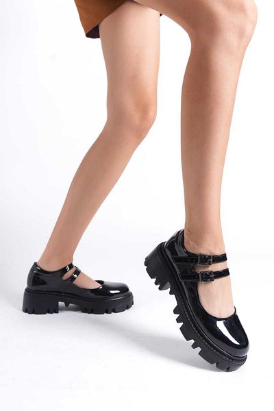 Nexs Women's Black Patent Leather Harajuku Style Lolita Double Band Shoes
