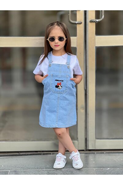 yns coolstar minnie nakışlı Kot Ayarlanabilir Askı Jile / Denim Elbise