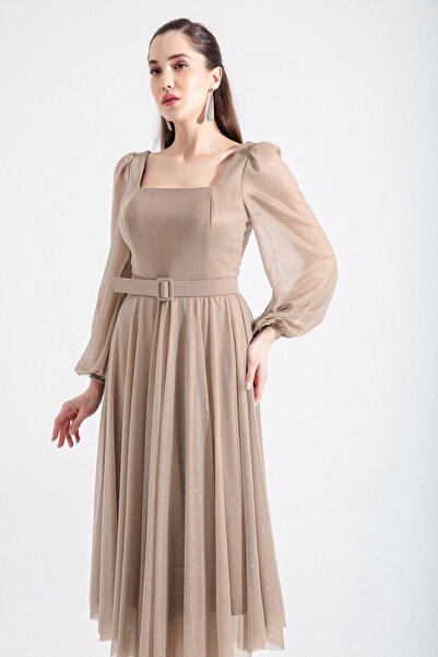 Lafaba Γυναικείο βραδινό φόρεμα Midi Glitter με τετράγωνο γιακά μπεζ