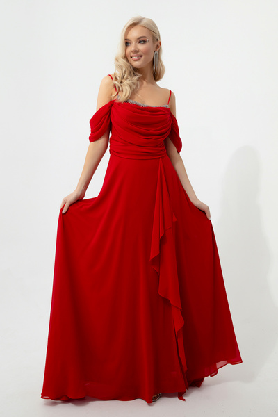 Lafaba Women's Red Rope Strap Long Evening Dress with Stone Detail