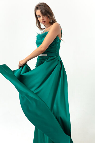 Lafaba Γυναικείο Σμαραγδένιο Πράσινο Σχοινί Βραδινό Φόρεμα Μακρύ Σατέν με πέτρινη ζώνη