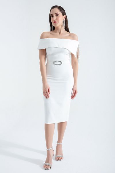 Lafaba Weißes Midi-Abendkleid für Damen mit U-Boot-Ausschnitt, Schmuckgürtel