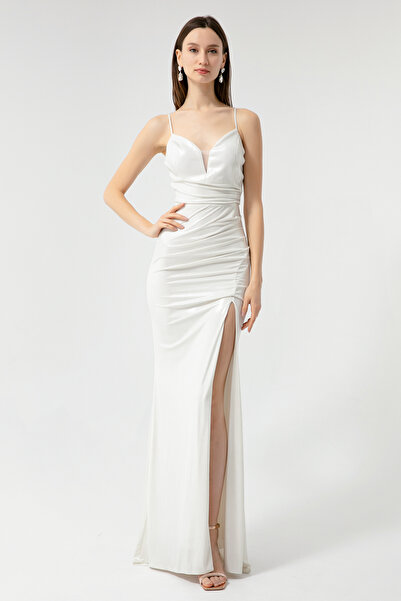 Lafaba Women's White Thin Straps, Low-cut Back, Shiny Long Evening Dress & Graduation Dress