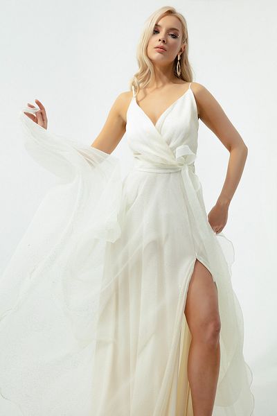 Lafaba Ecrufarbenes, zweireihiges, langes glitzerndes Abendkleid mit Kragen und Gürtel für Damen