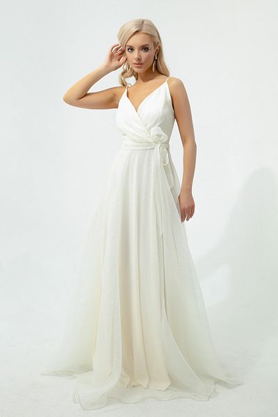 Lafaba Ecrufarbenes, zweireihiges, langes glitzerndes Abendkleid mit Kragen und Gürtel für Damen