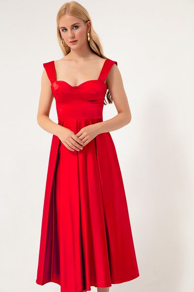Lafaba Women's Red Strap Flared Cut Midi Satin Evening Dress