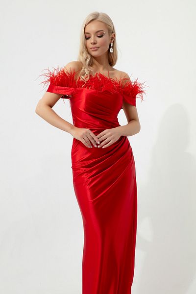 Lafaba Rotes Otriche-Abendkleid aus langem Satin mit U-Boot-Ausschnitt für Damen