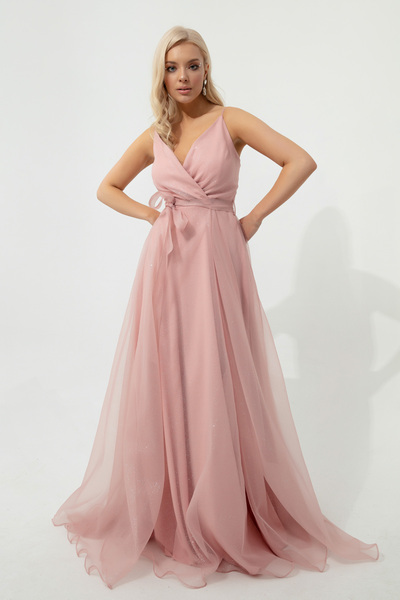 Lafaba Γυναικείο βραδινό φόρεμα ροζ με διπλό στήθος ζωσμένο με μακρύ γκλίτερ