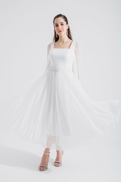 Lafaba Γυναικείο βραδινό φόρεμα Midi Glitter με Λευκό Τετράγωνο Γιακά