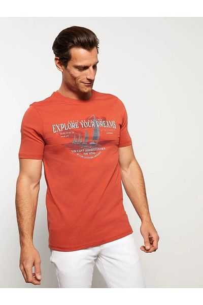 LC Waikiki Ανδρικό πορτοκαλί μπλουζάκι - Crew Neck, κοντό μανίκι, εμπριμέ - Your Fashion Style