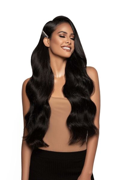 AKOLİFE Siyah Dalgalı Yarım Ay + 2 Yan Çıt Çıt Set - Fön Maşa Uygulanabilen P...