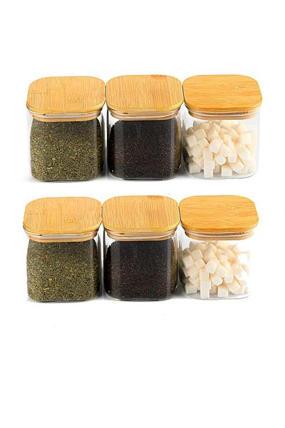 Karçiçeği Home 6-Piece 800 Ml Square Glass Spice Jar and Food Container with Bamboo Lid